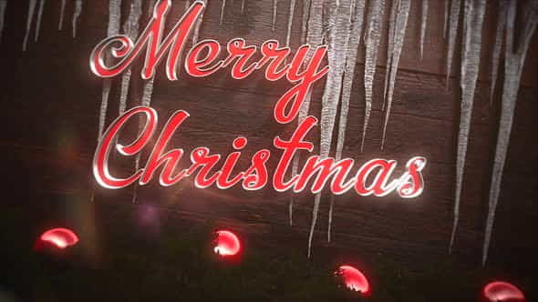 Animated closeup Merry Christmas text, red balls and icicles on wood background | Events - VideoHive 29319180