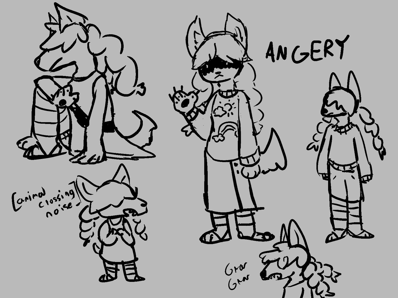A rough uncolored set of sketches theorizing Yiffany as a furry. Her hair is in pigtails and covers her eyes. In one sketch she is angry over having to wear a cute sweater, in another sketch she is an animal crossing character, one is a bust of her going "grar gar" and the final two are just general sitting and standing poses.