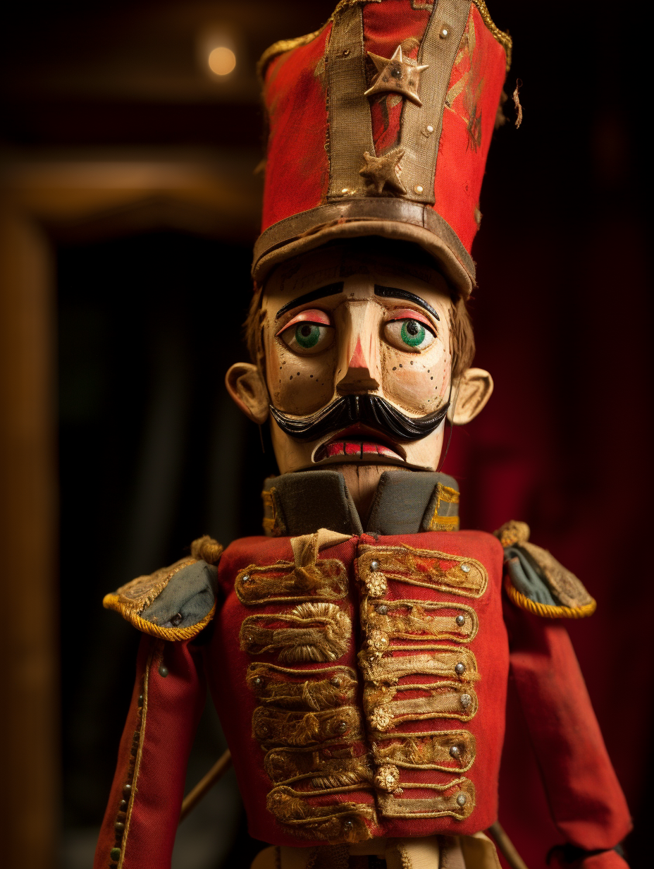 The "Hero". A rather hapless looking soldier puppet. Wearing a red 19'th century uniform.