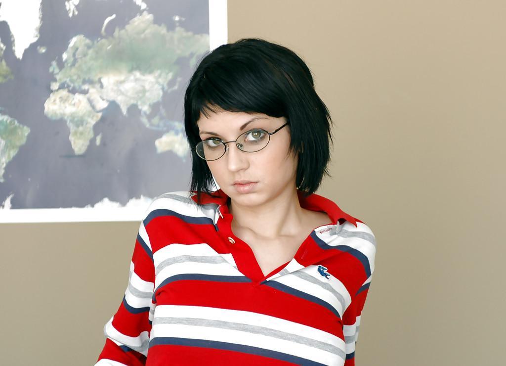 Adorable coed brunette in glasses Riley Mason flashing and spreading(3)