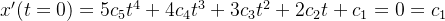 {x}'(t=0) = 5c_5t^4 + 4c_4t^3+3c_3t^2+2c_2t+c_1 = 0 = c_1