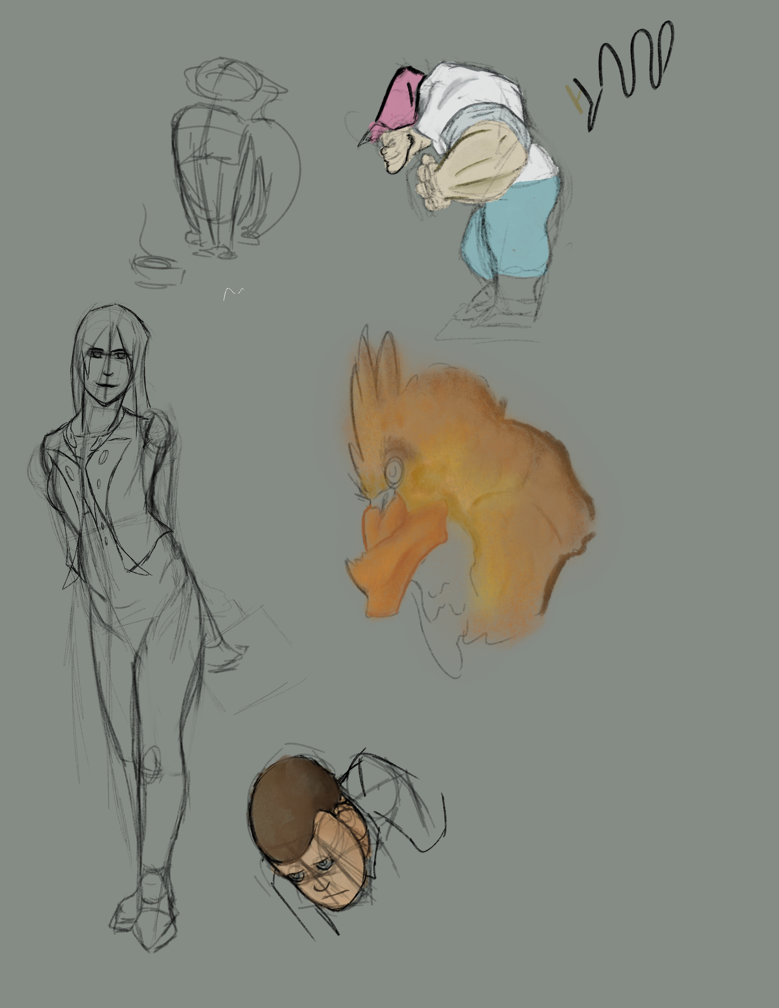 mixed sketch with bird