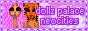 an animated 88 by 31 pixel website button reading 'dollz palace neocities' with purple text and background and a blinking border. on the left are two dolls from the shoulders up; the leftmost has tan skin and long straight pink hair, and the other has medium-dark skin and long curly brown hair.