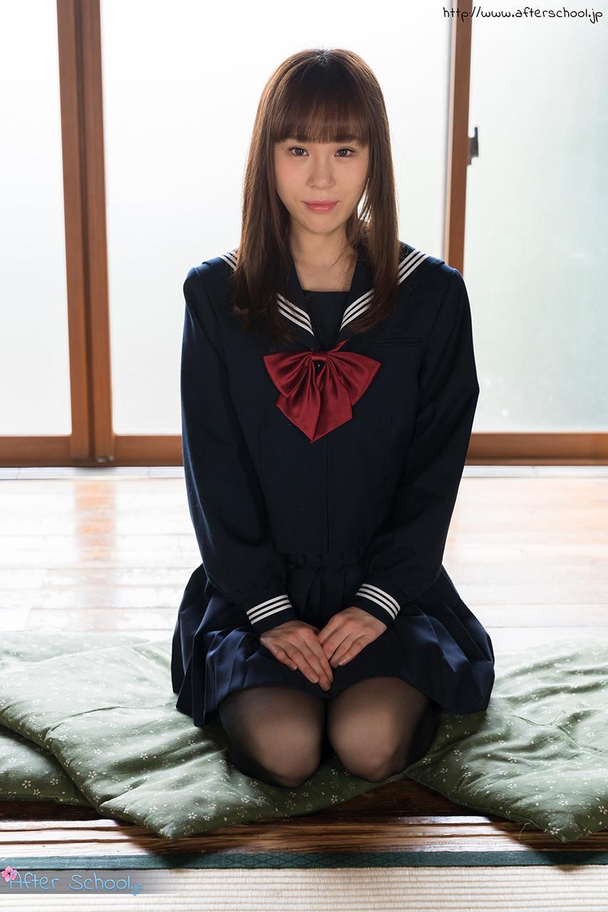 Japanese student releases her slim body from her school outfit on a cushion(1)