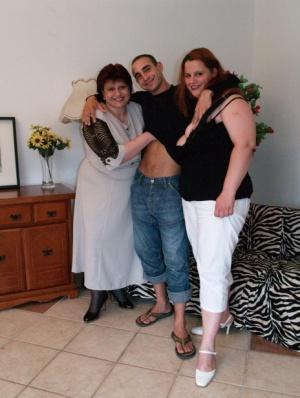 Obese women have a threesome with a skinny young man on a sofa