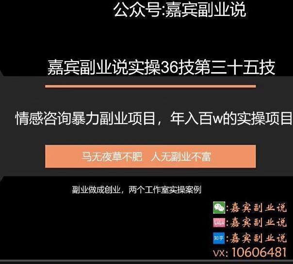 嘉宾副业说实操36技第三十五技情感咨询暴力副业项目，年入百万的实操项目分享