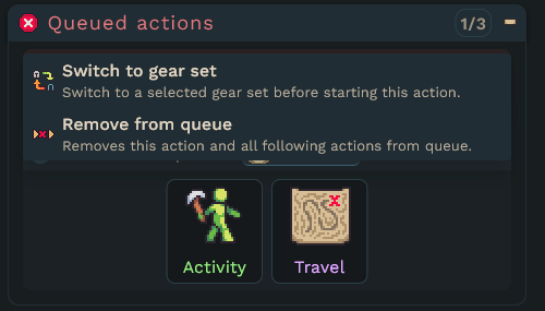 You can easily set your character to switch to a gear set before starting any of your queued actions by pressing the gear button