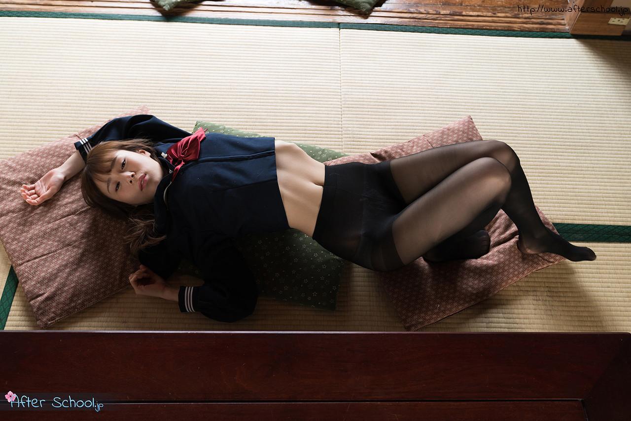 Japanese student releases her slim body from her school outfit on a cushion(5)