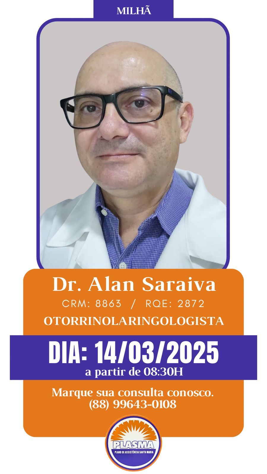 Dr Alan Saraiva, Otorrinolaringologista, 14-Março sexta-feira as 08h30min por ordem chegada