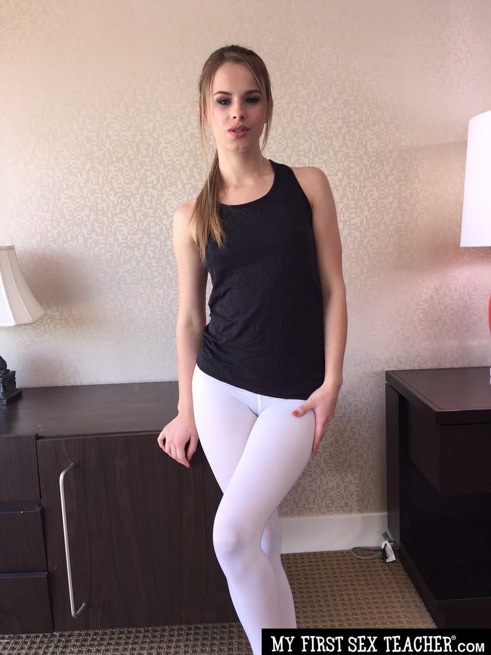 Cute teen pornstar Jillian Janson doffs her shirt and tights to show her pussy(9)