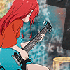 A girl playing guitar in front of grungy background.