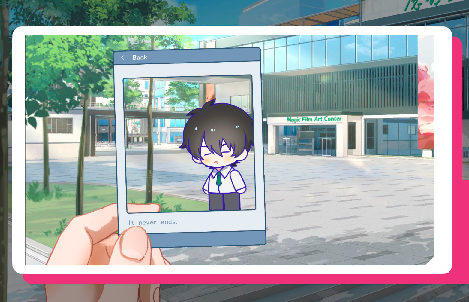 Screenshot of the protagonist holding up an SNS clear card of Kazu.