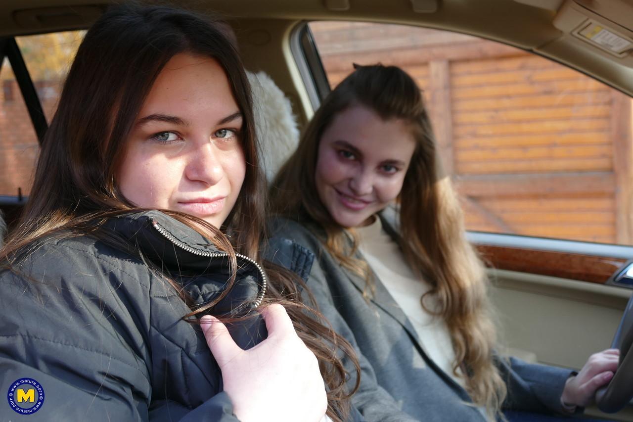 Long haired European lovers take a selfie in the car before lesbian sex action(14)