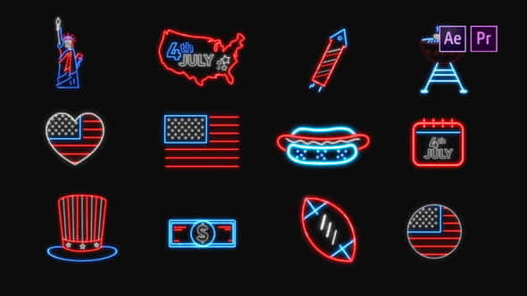 4th of July Neon Icons - VideoHive 38248653