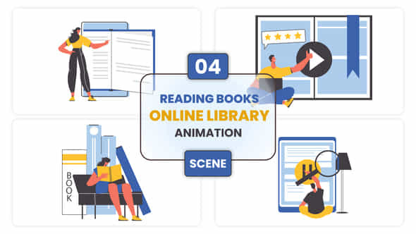 Reading Books Online Library Illustration Scene - VideoHive 52635874