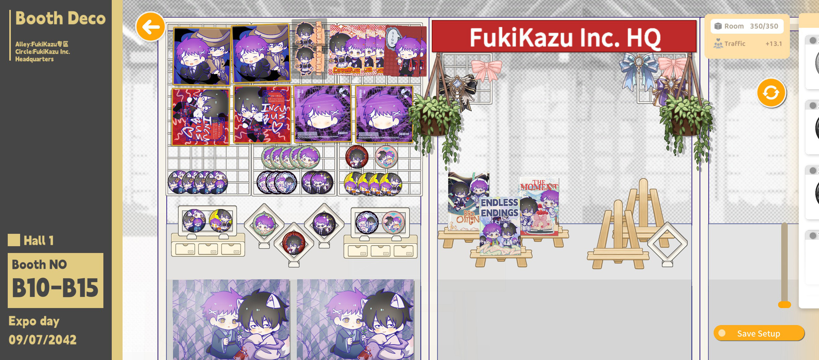 A booth setup with merch and doujinshi on display. The booth is named “FukiKazu Inc. Headquarters” and the expo date shown as 09/07/2024.