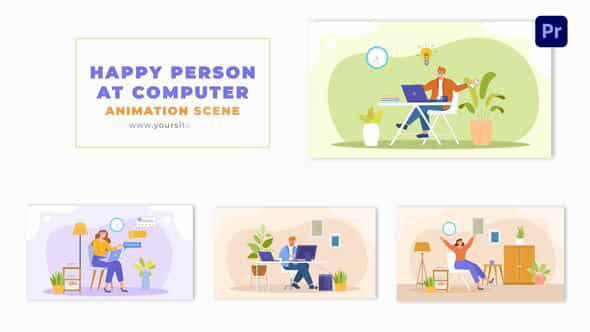 Flat 2D Vector Happy Person At Computer Animation Scene Template - VideoHive 49481801