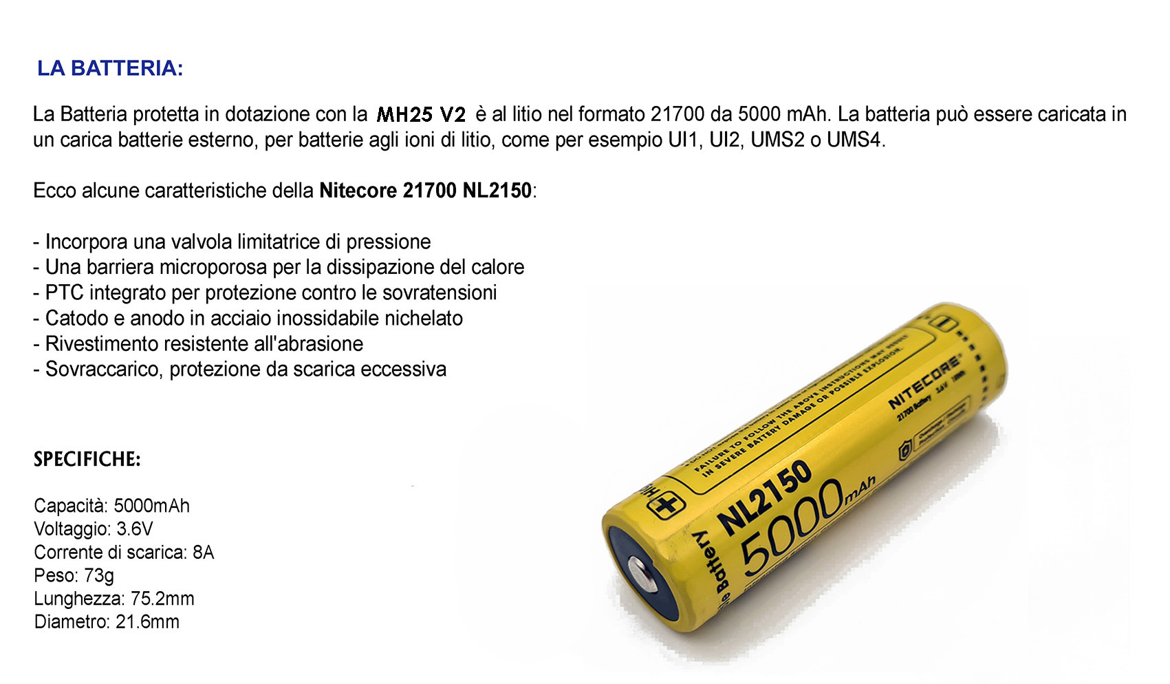 Nitecore - NL2150R USB-C - Batteria ricaricabile protetta Li-Ion 21700 3.6V  5000mAh