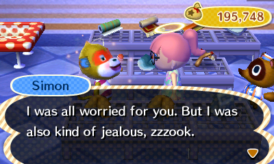 Simon from Animal Crossing continuing to the player character in a store, saying 'I was all worried for you. But I was also kind of jealous, zzzook.'