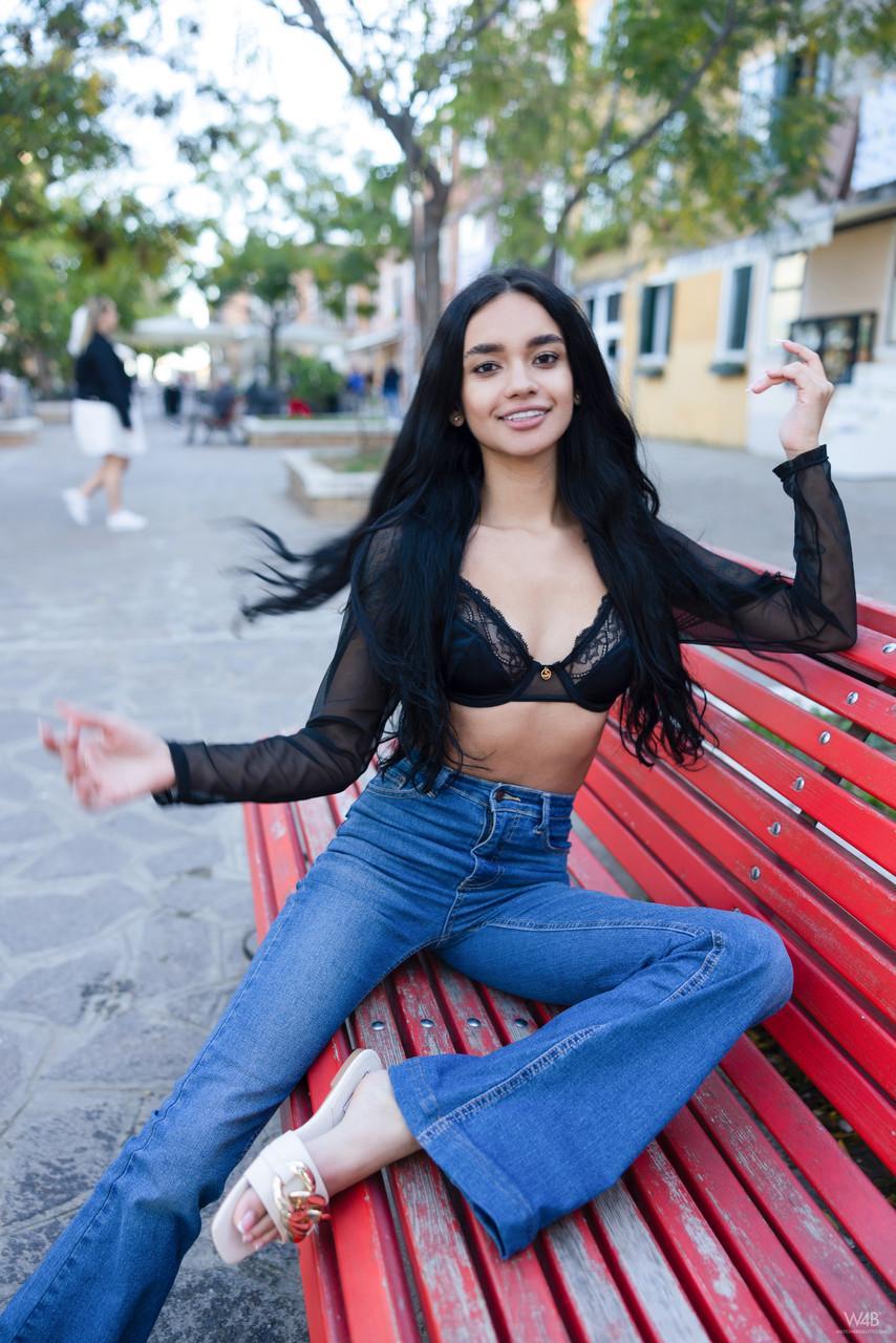 Sexy Latina teen Dulce poses in her lace bra, top and blue jeans in public(2)